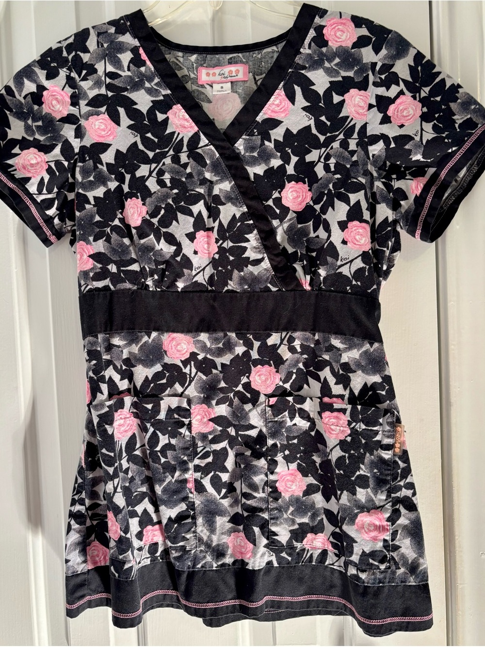 koi Black and Pink Floral Wrap-Style Scrub Top